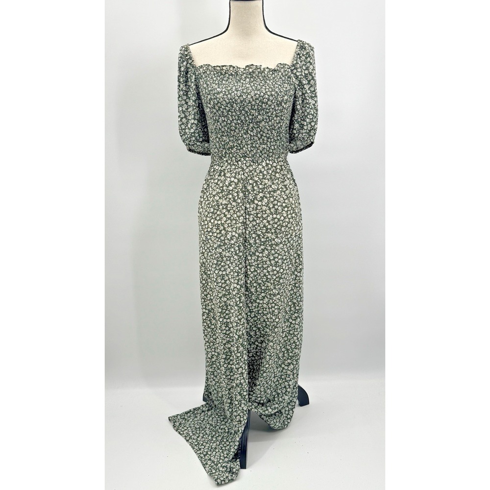 Audrey Parks Dainty Floral Green Maxi Romper Pant XL Smocked Puff Sleeve Cottage